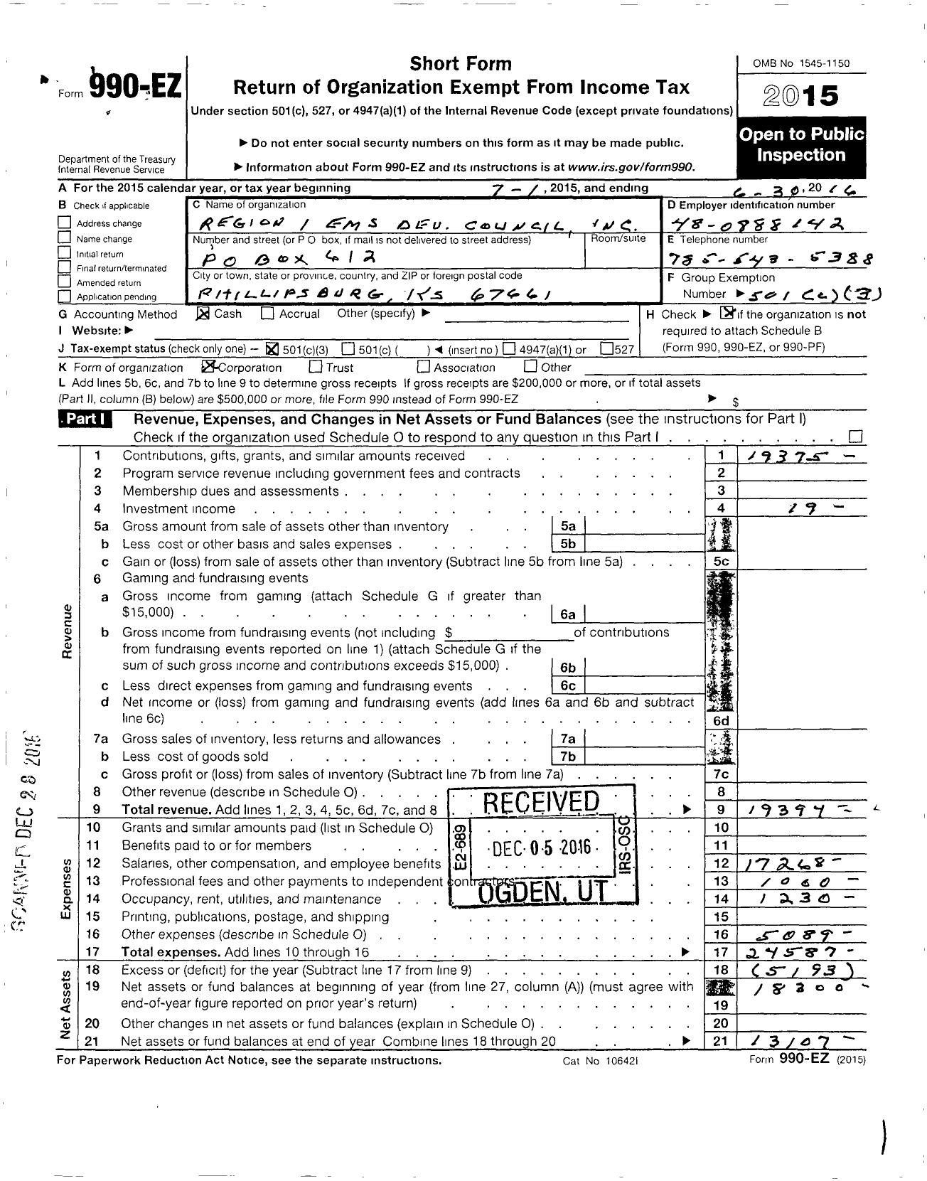 Image of first page of 2015 Form 990EZ for Region 1 Ems Dev Council