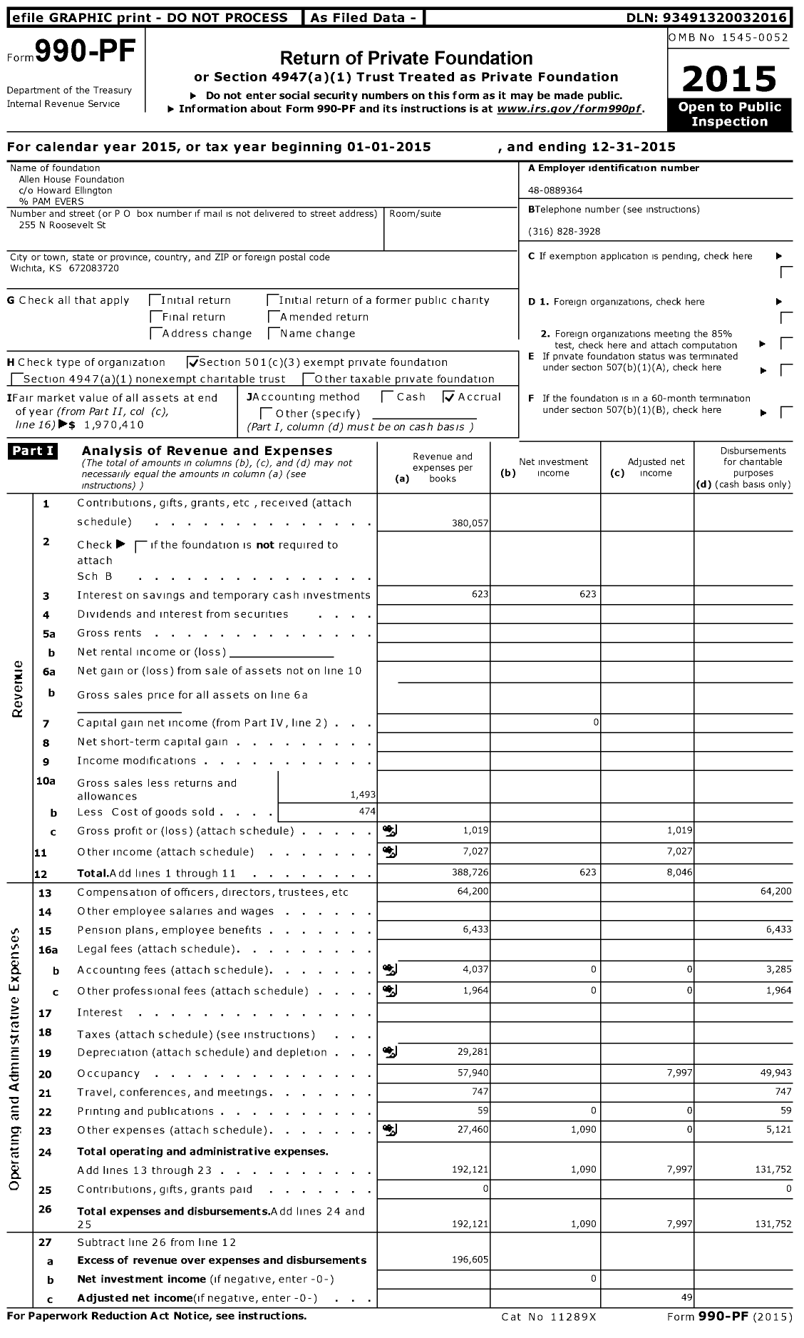 Image of first page of 2015 Form 990PF for Allen House Foundation