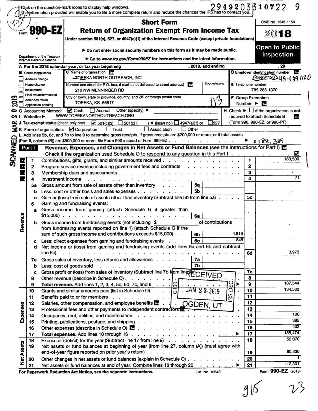Image of first page of 2018 Form 990EZ for Topeka North Outreach