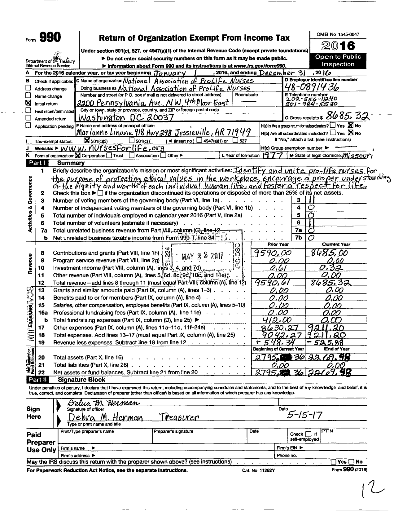 Image of first page of 2016 Form 990 for National Association of Pro-Life Nurses