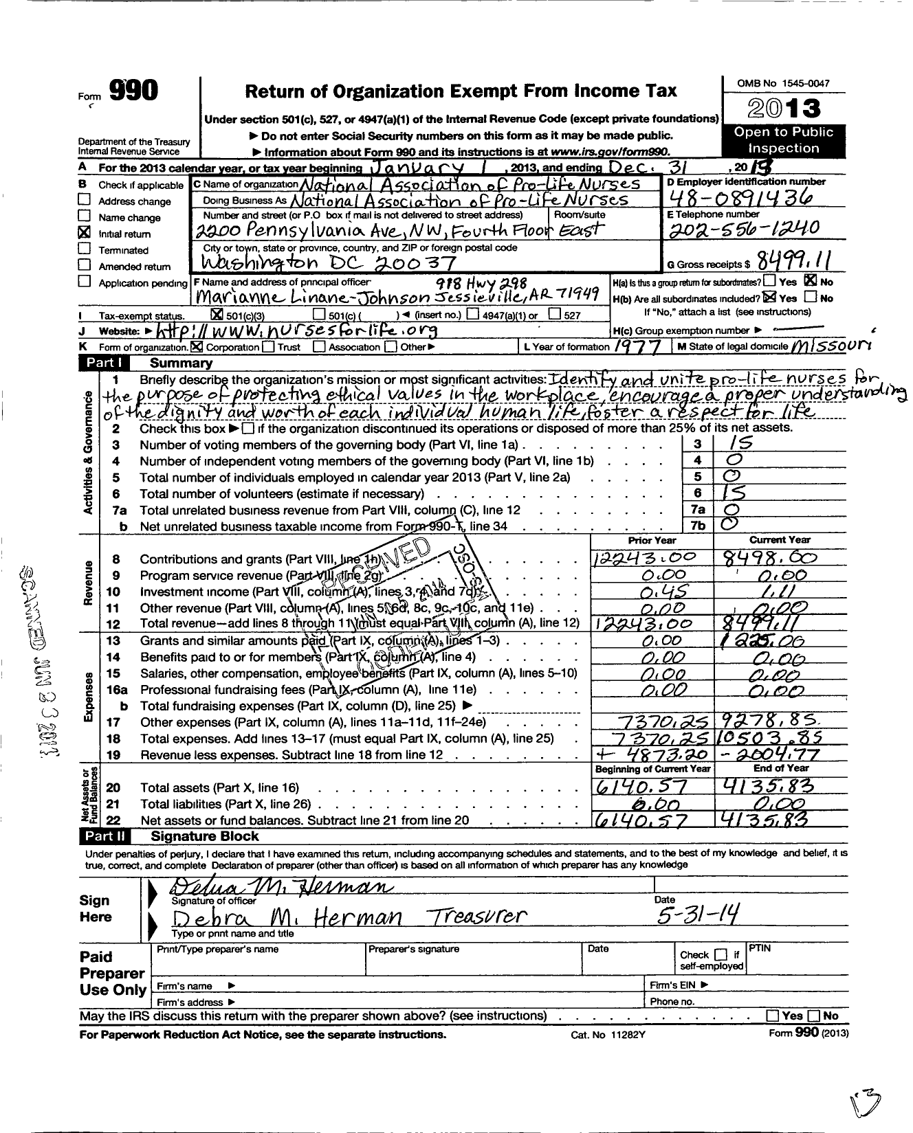 Image of first page of 2014 Form 990 for National Association of Pro-Life Nurses