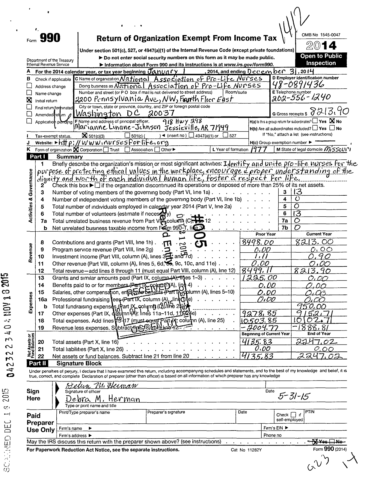 Image of first page of 2014 Form 990 for National Association of Pro-Life Nurses