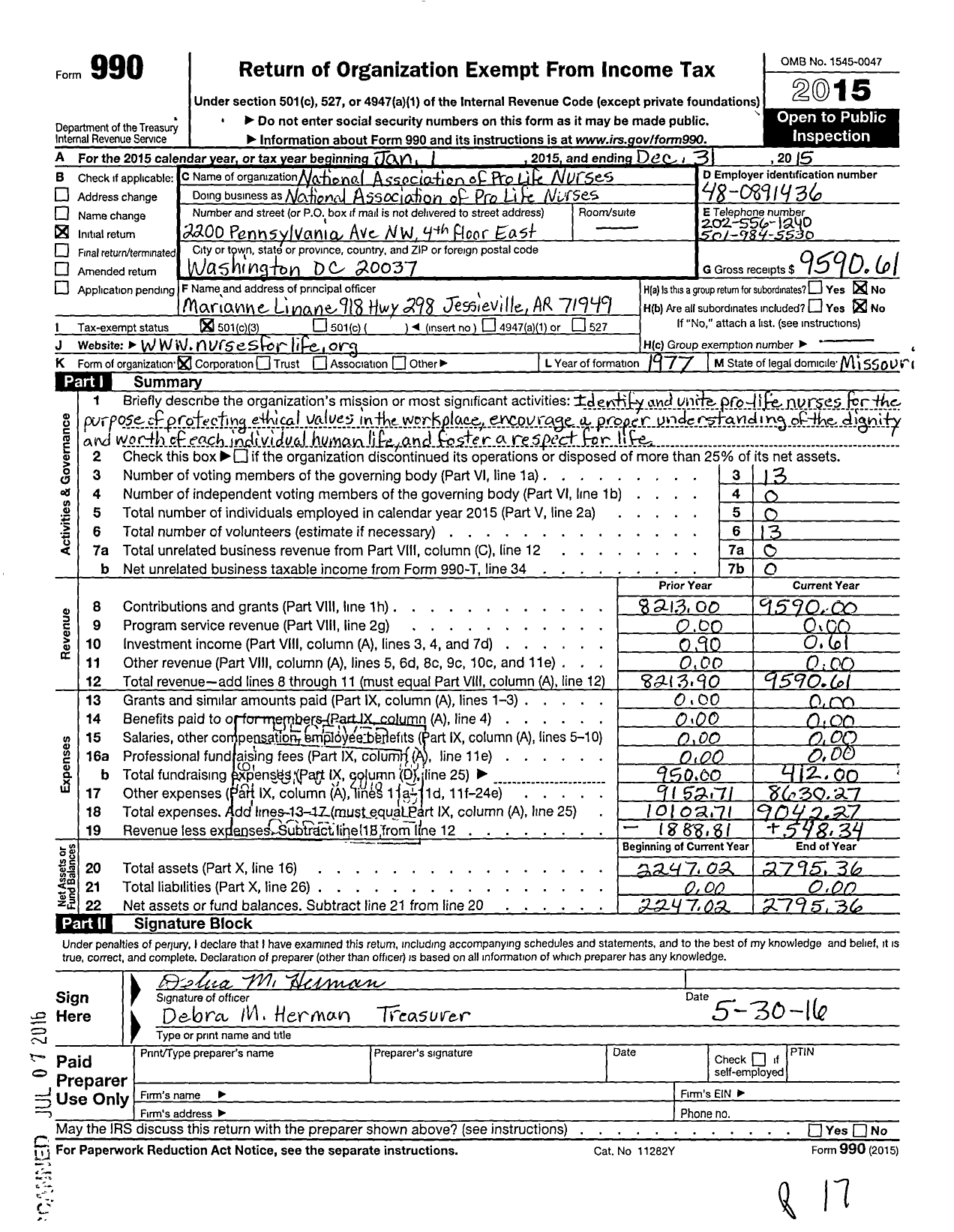 Image of first page of 2015 Form 990 for National Association of Pro-Life Nurses