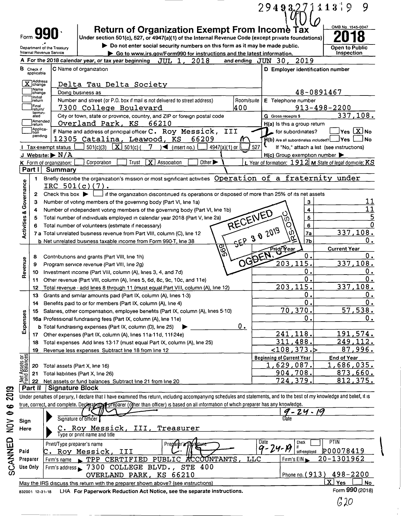 Image of first page of 2018 Form 990O for Delta Tau Delta Society