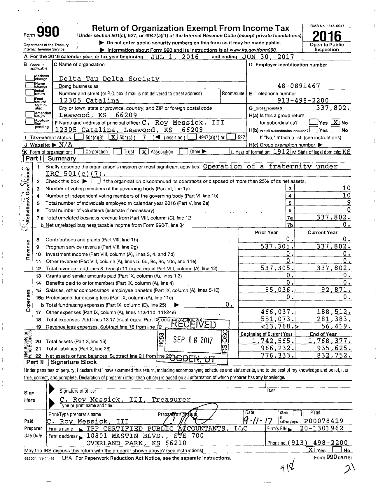 Image of first page of 2016 Form 990O for Delta Tau Delta Society