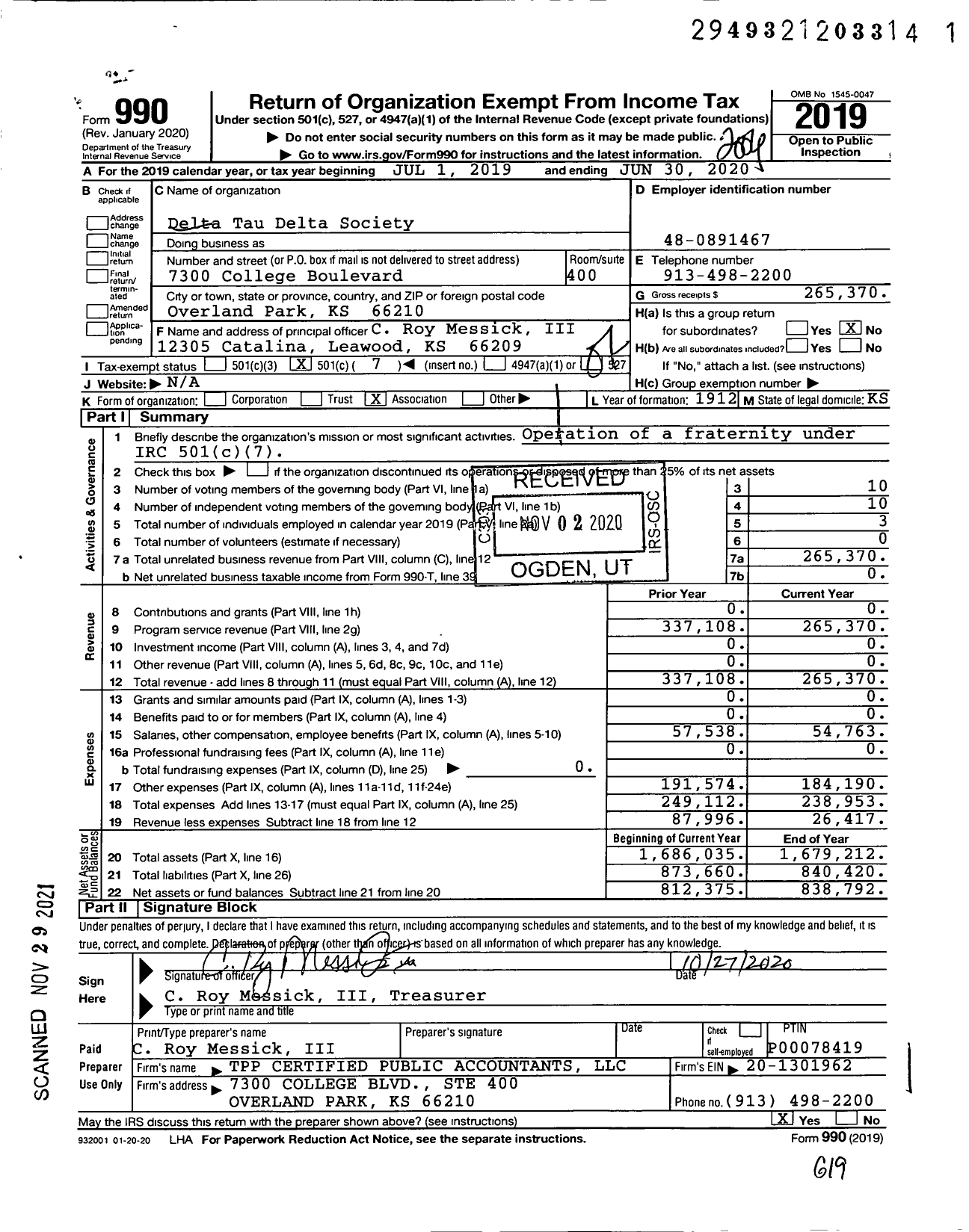 Image of first page of 2019 Form 990O for Delta Tau Delta Society