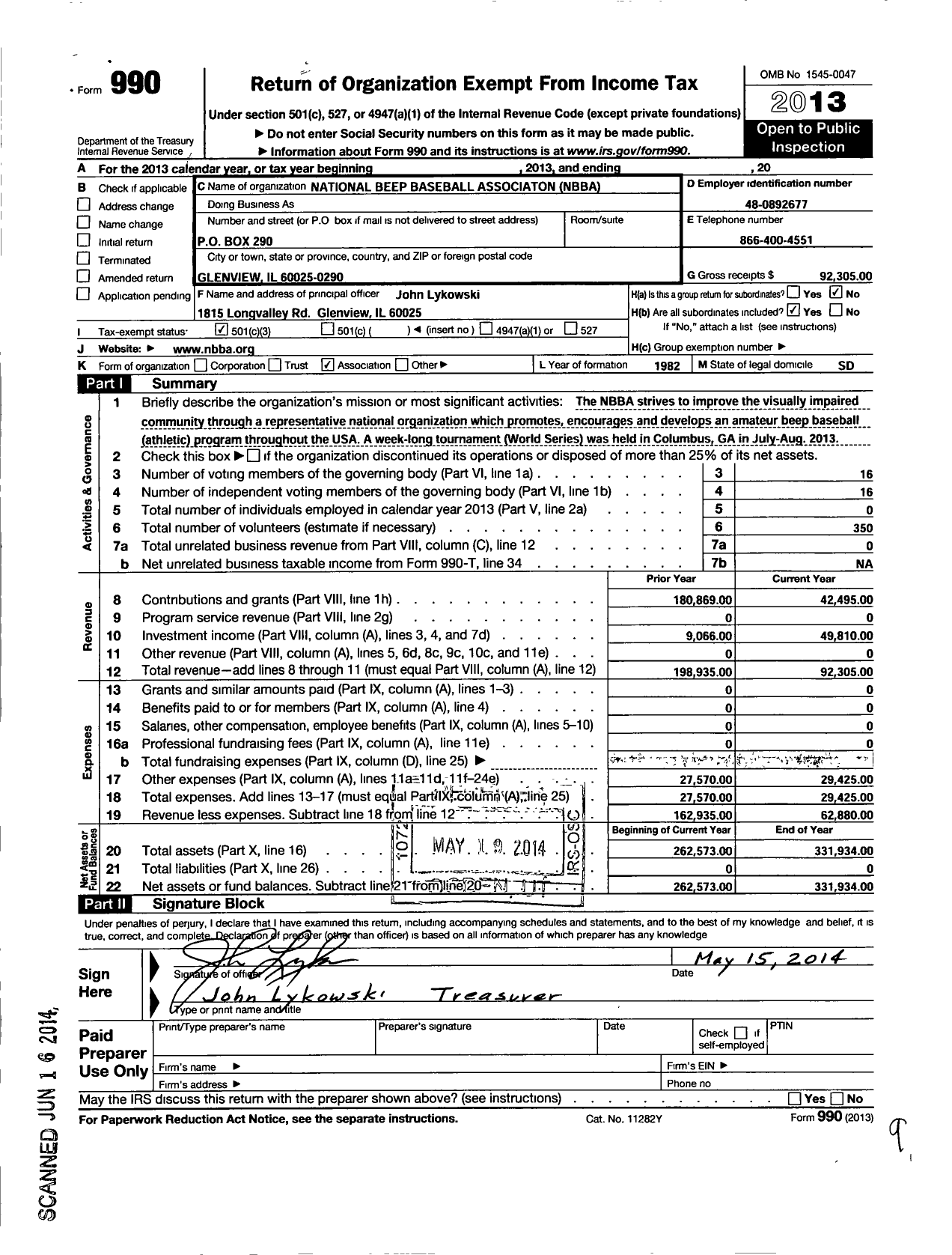 Image of first page of 2013 Form 990 for National Beep Baseball Association