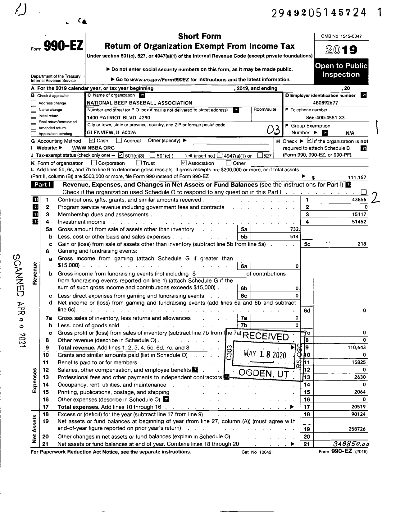 Image of first page of 2019 Form 990EZ for National Beep Baseball Association