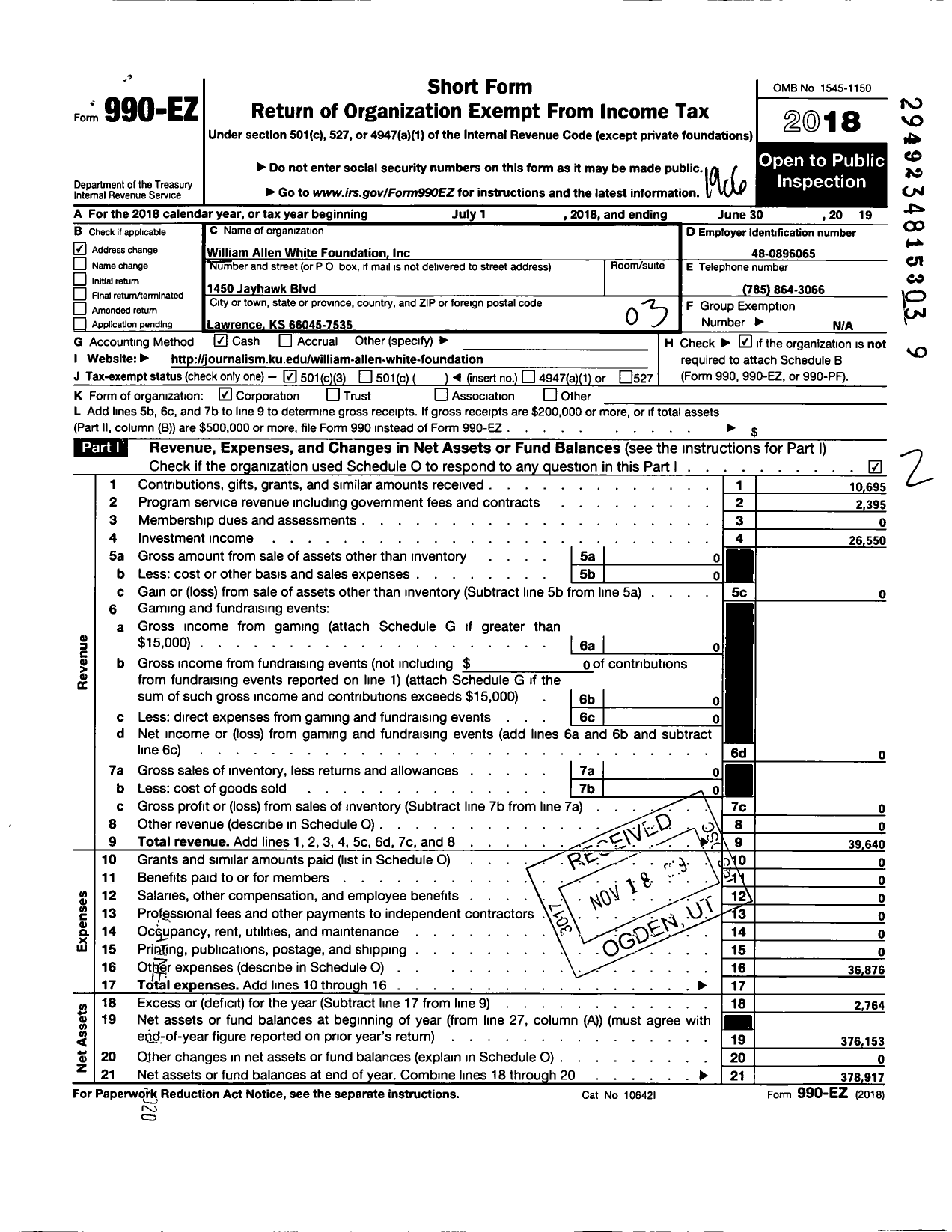 Image of first page of 2018 Form 990EZ for William Allen White Foundation