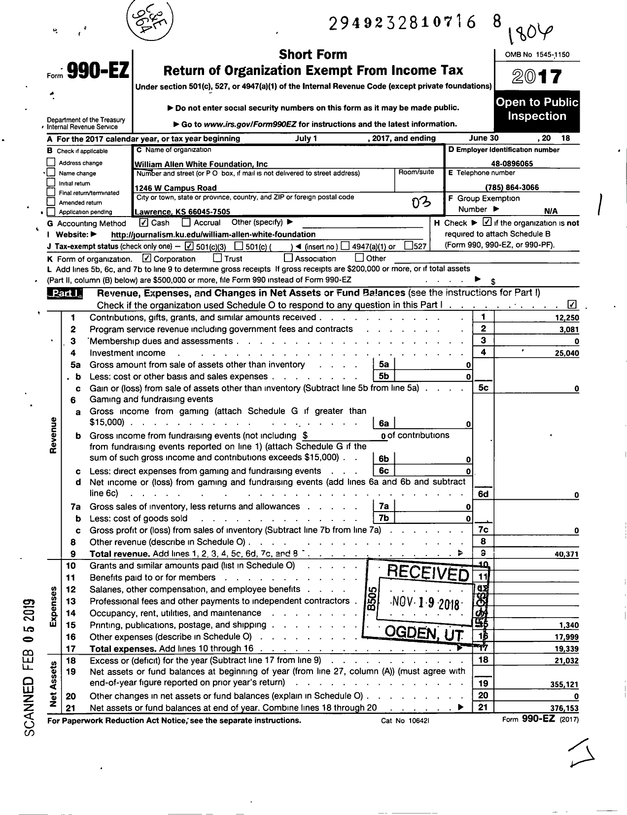 Image of first page of 2017 Form 990EZ for William Allen White Foundation