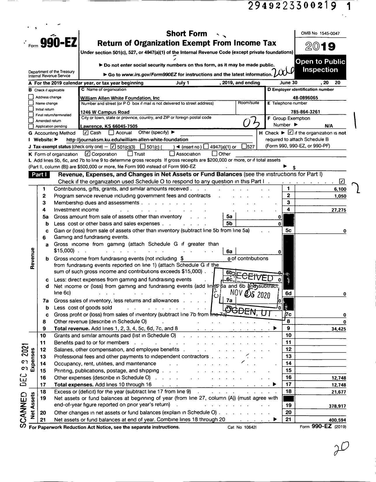 Image of first page of 2019 Form 990EZ for William Allen White Foundation