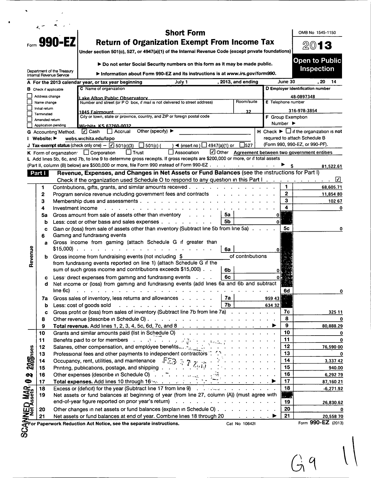 Image of first page of 2013 Form 990EZ for Lake Afton Public Observatory