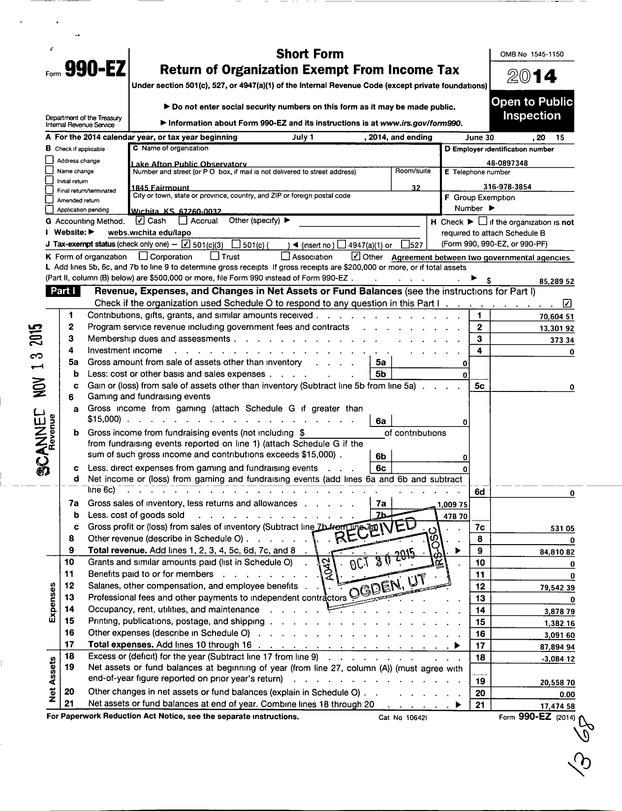 Image of first page of 2014 Form 990EZ for Lake Afton Public Observatory