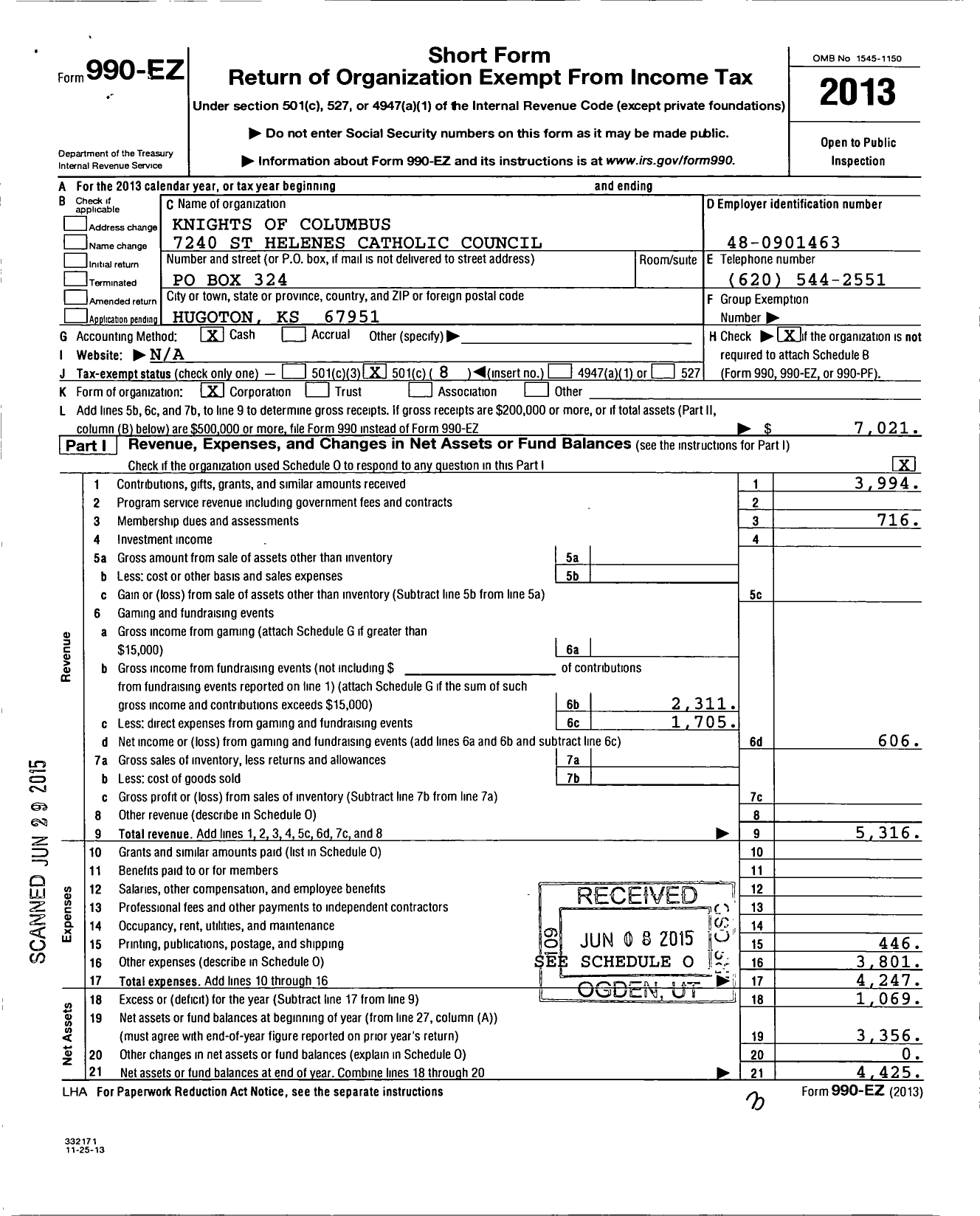 Image of first page of 2013 Form 990EO for Knights of Columbus - 7240 St Helenes Catholic Council