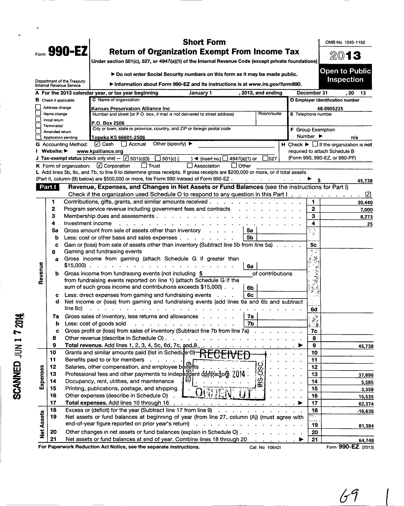 Image of first page of 2013 Form 990EZ for Kansas Preservation Alliance