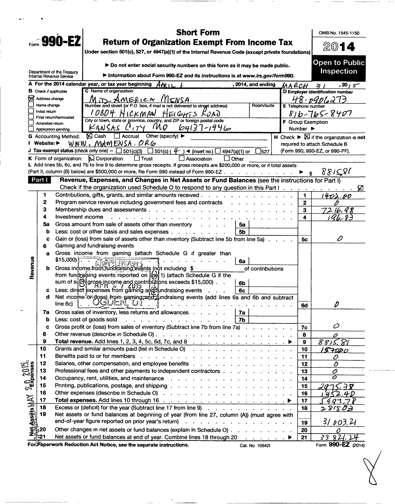 Image of first page of 2014 Form 990EO for Mid-America Mensa