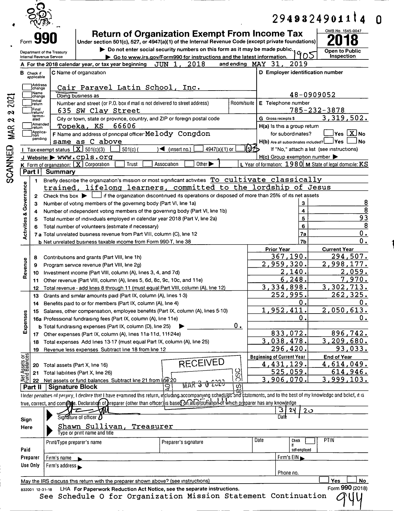 Image of first page of 2018 Form 990 for Cair Paravel Latin School