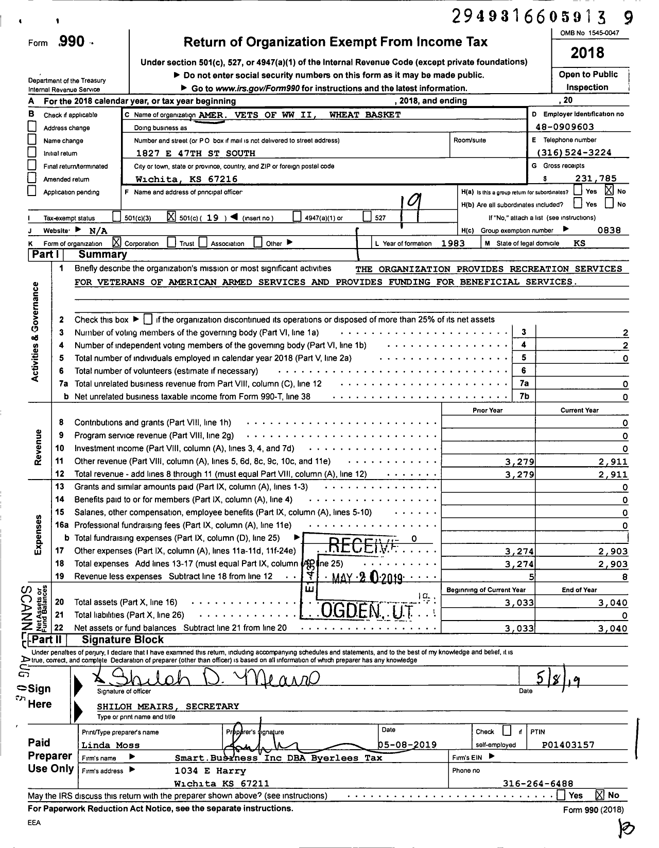 Image of first page of 2018 Form 990O for Amer Vets of WW Ii Wheat Basket