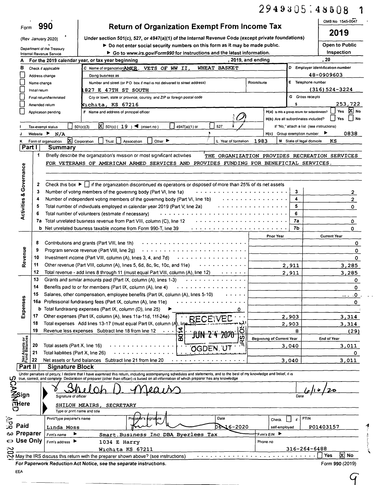 Image of first page of 2019 Form 990O for Amer Vets of WW Ii Wheat Basket