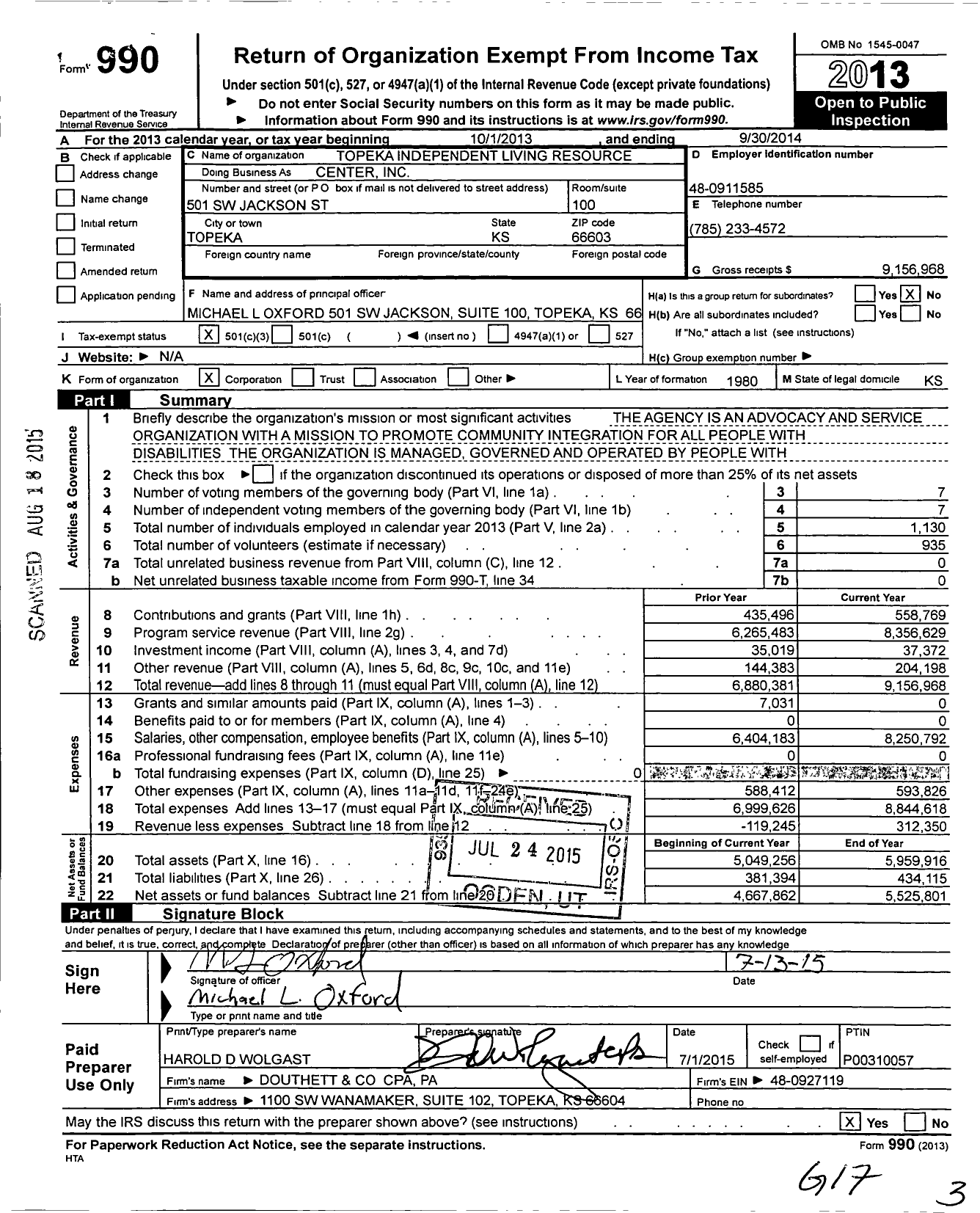 Image of first page of 2013 Form 990 for Topeka Independent Living Resources Center (TILRC)
