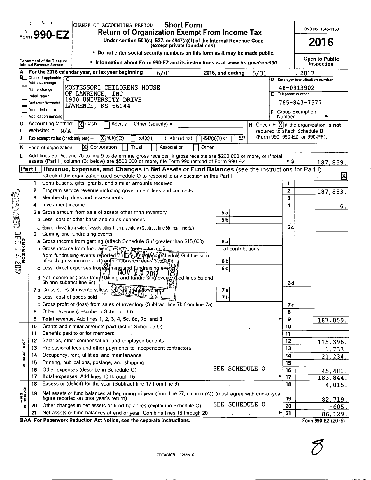 Image of first page of 2016 Form 990EZ for Montessori Childrens House of Lawrence