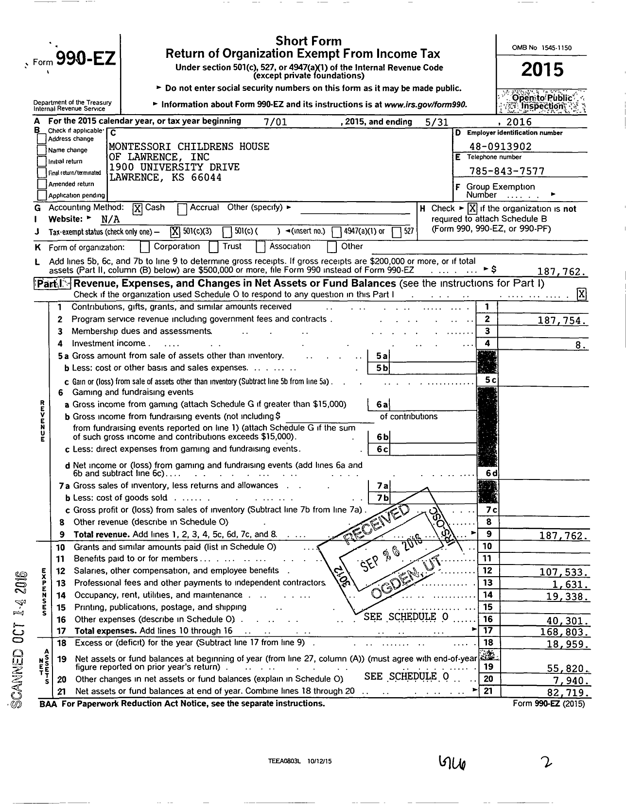 Image of first page of 2015 Form 990EZ for Montessori Childrens House of Lawrence