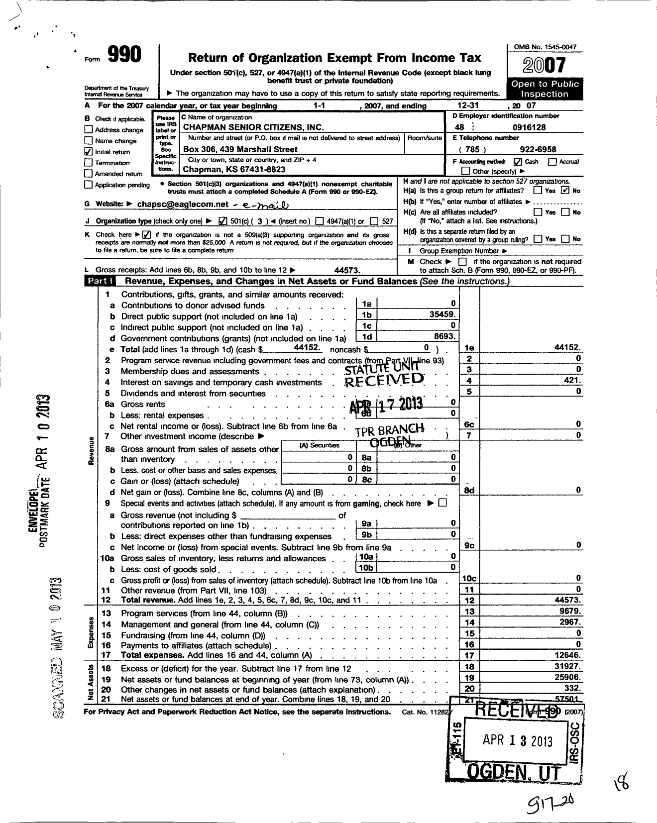 Image of first page of 2007 Form 990 for Chapman Senior Citizens Center