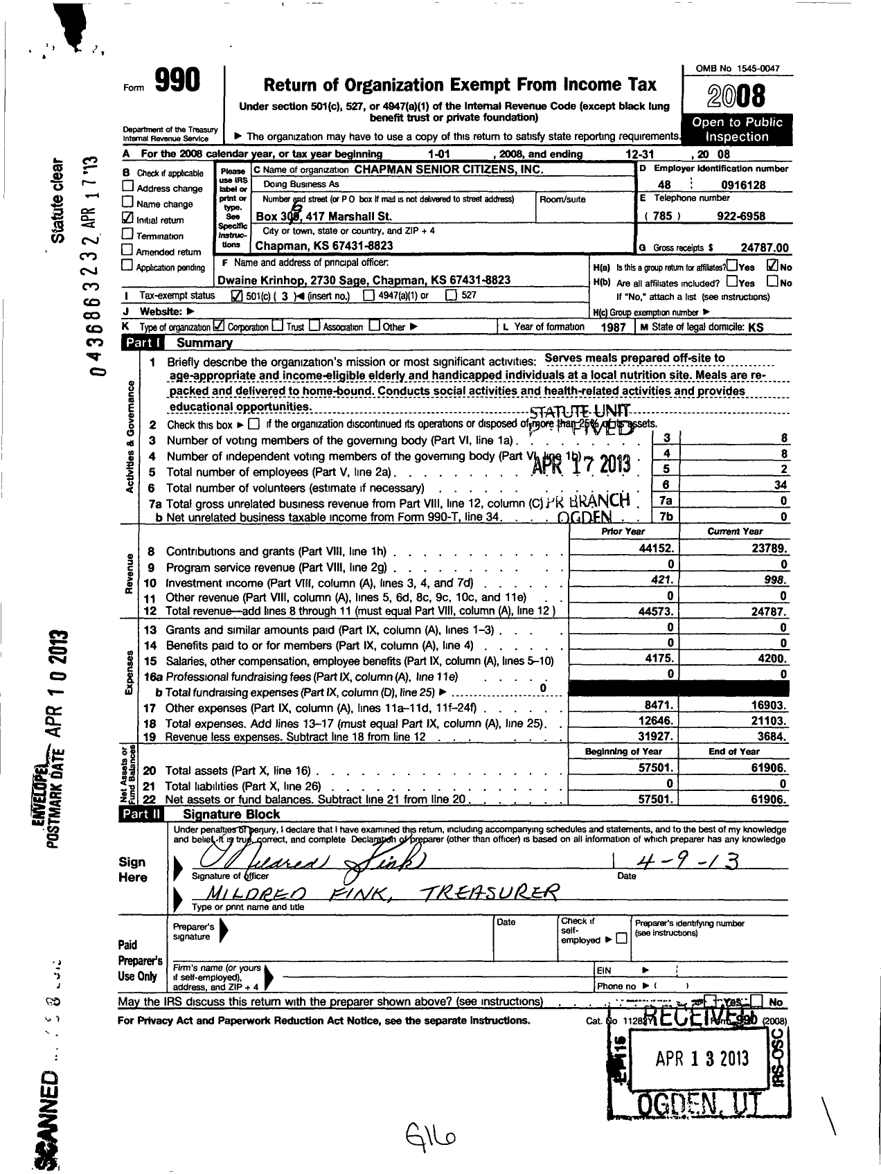 Image of first page of 2008 Form 990 for Chapman Senior Citizens Center