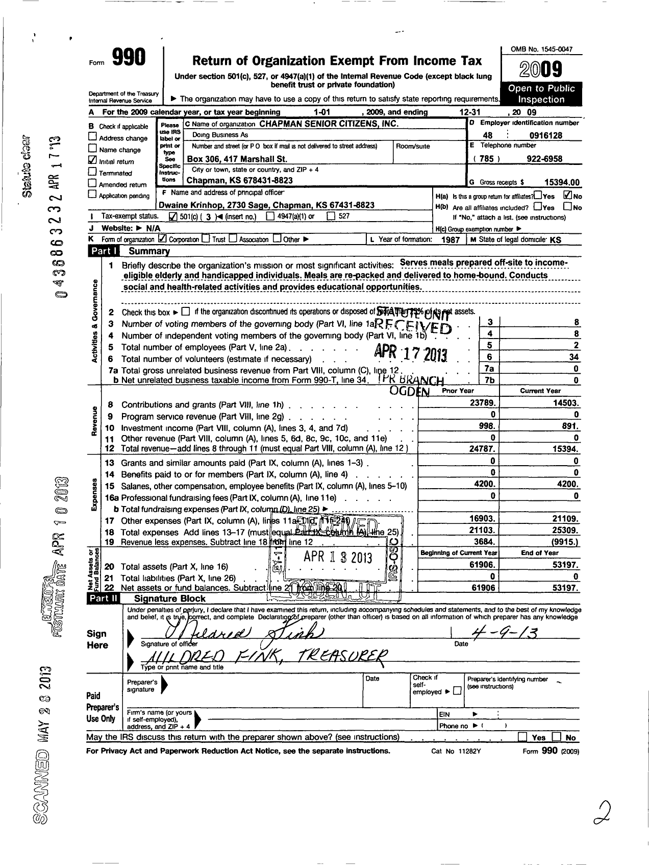 Image of first page of 2009 Form 990 for Chapman Senior Citizens Center