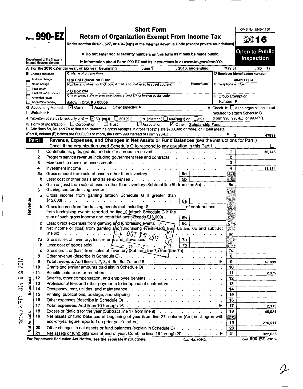 Image of first page of 2016 Form 990EZ for Zeta Chi Education Fund