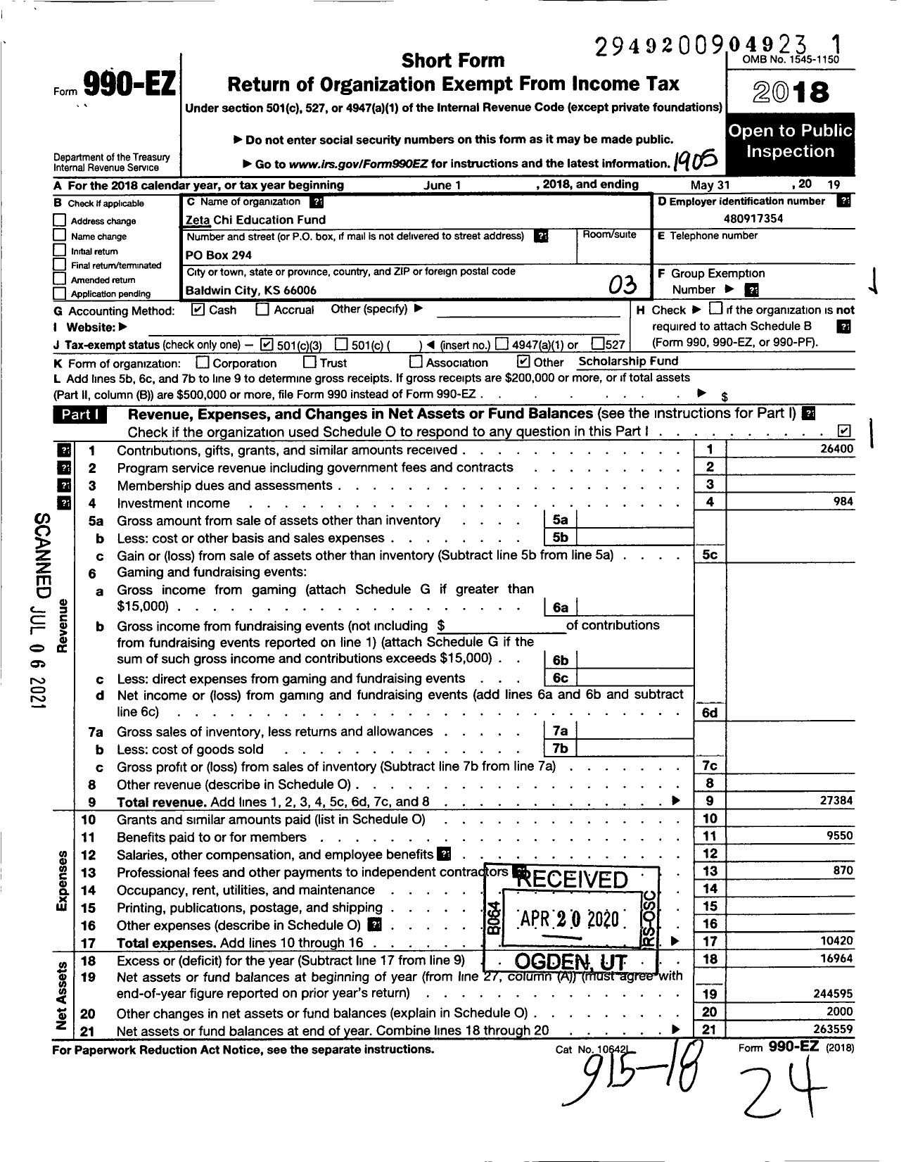 Image of first page of 2018 Form 990EZ for Zeta Chi Education Fund