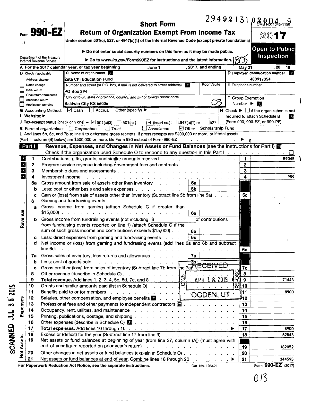 Image of first page of 2017 Form 990EZ for Zeta Chi Education Fund