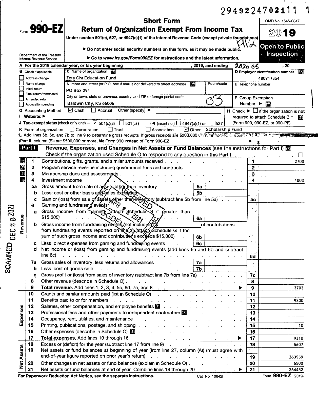 Image of first page of 2019 Form 990EZ for Zeta Chi Education Fund