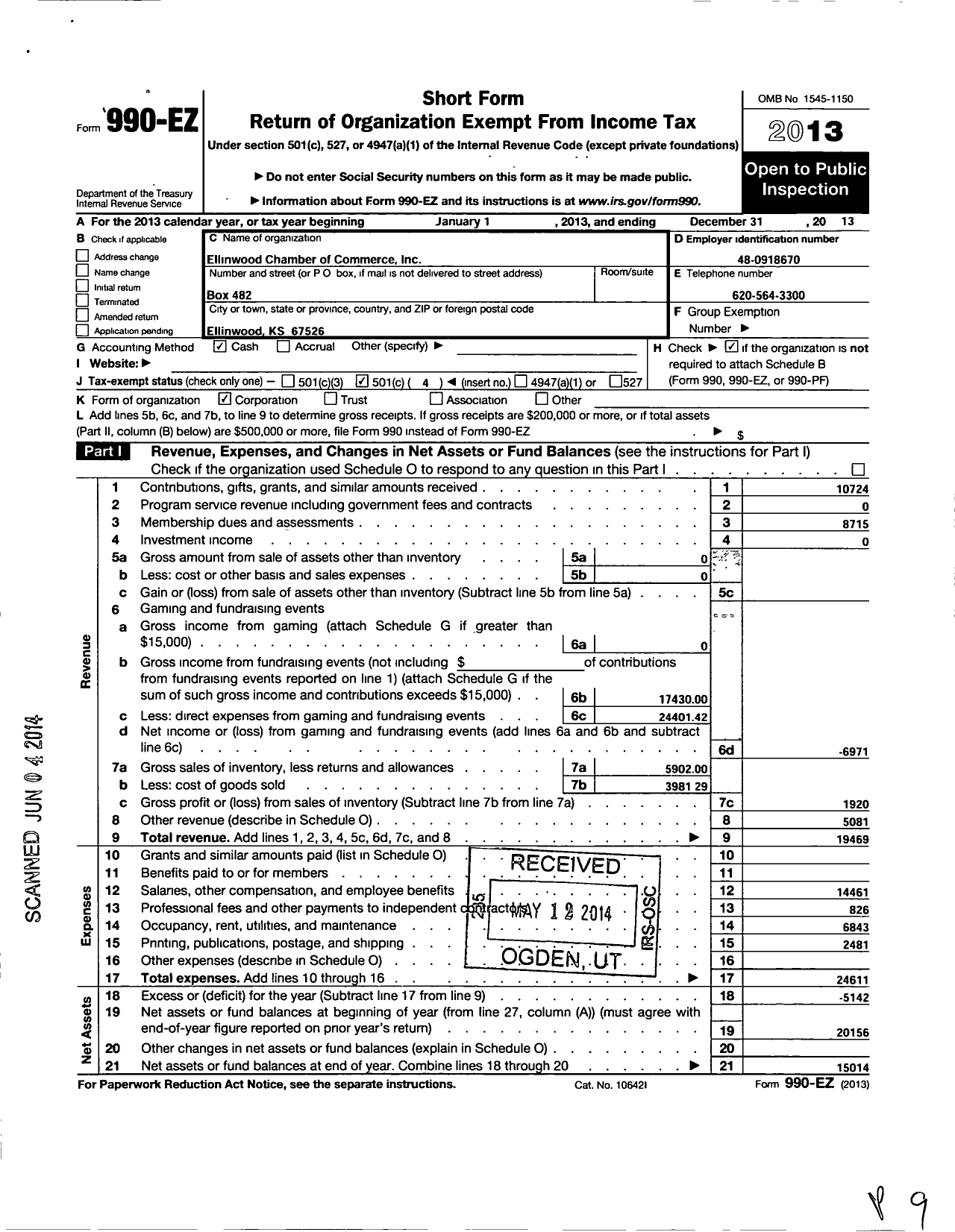 Image of first page of 2013 Form 990EO for Ellinwood Chamber of Commerce