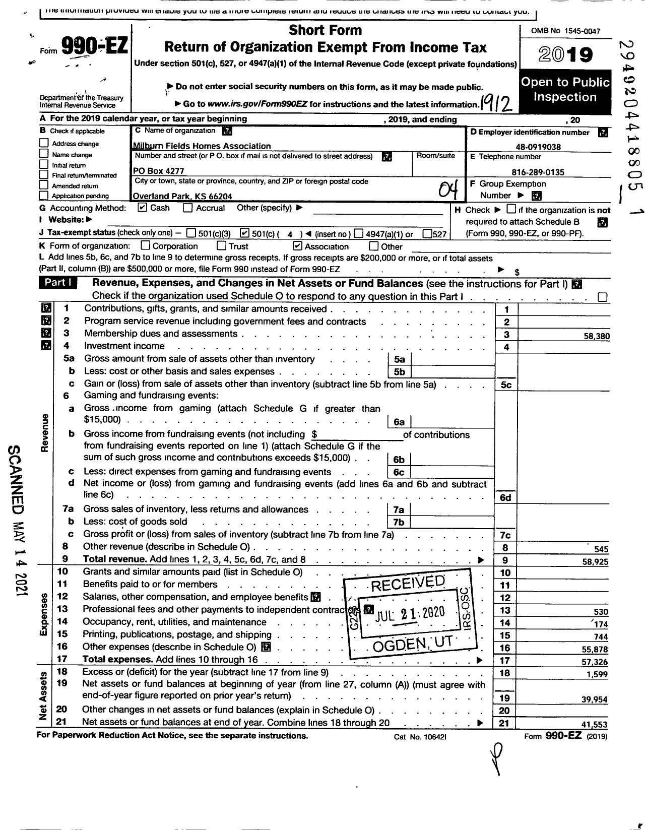 Image of first page of 2019 Form 990EO for Milburn Fields Homes Association