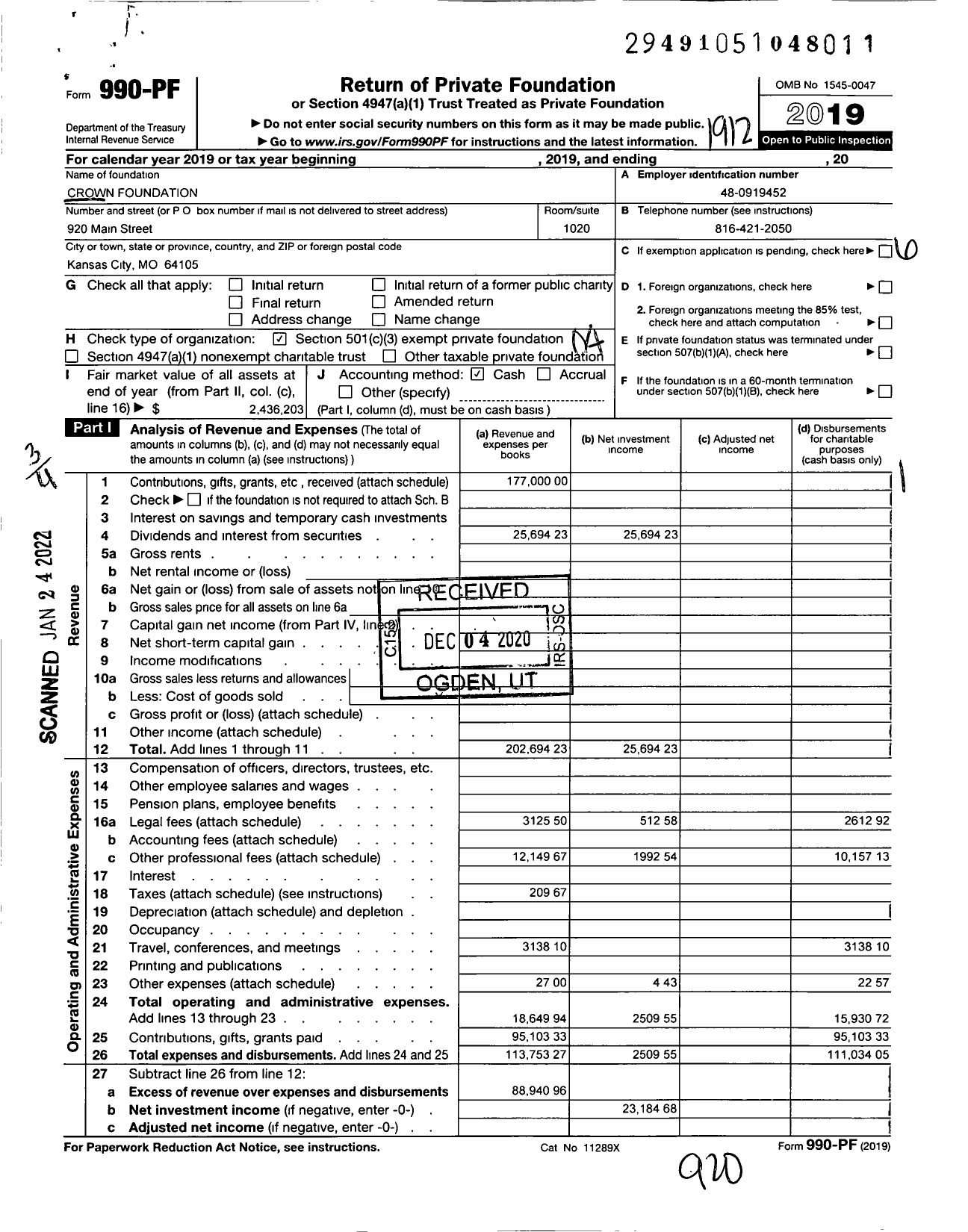 Image of first page of 2019 Form 990PF for Crown Foundation