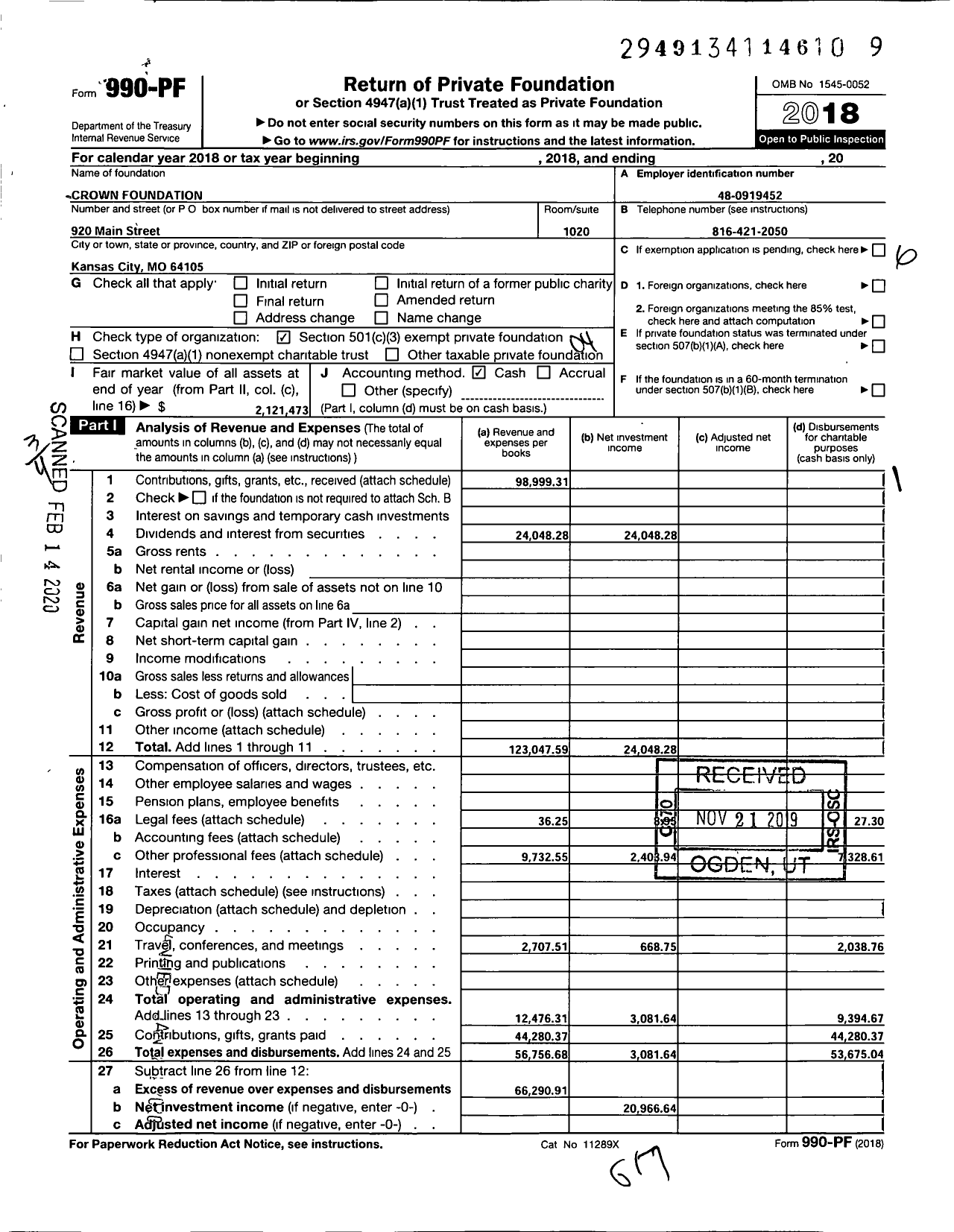 Image of first page of 2018 Form 990PF for Crown Foundation