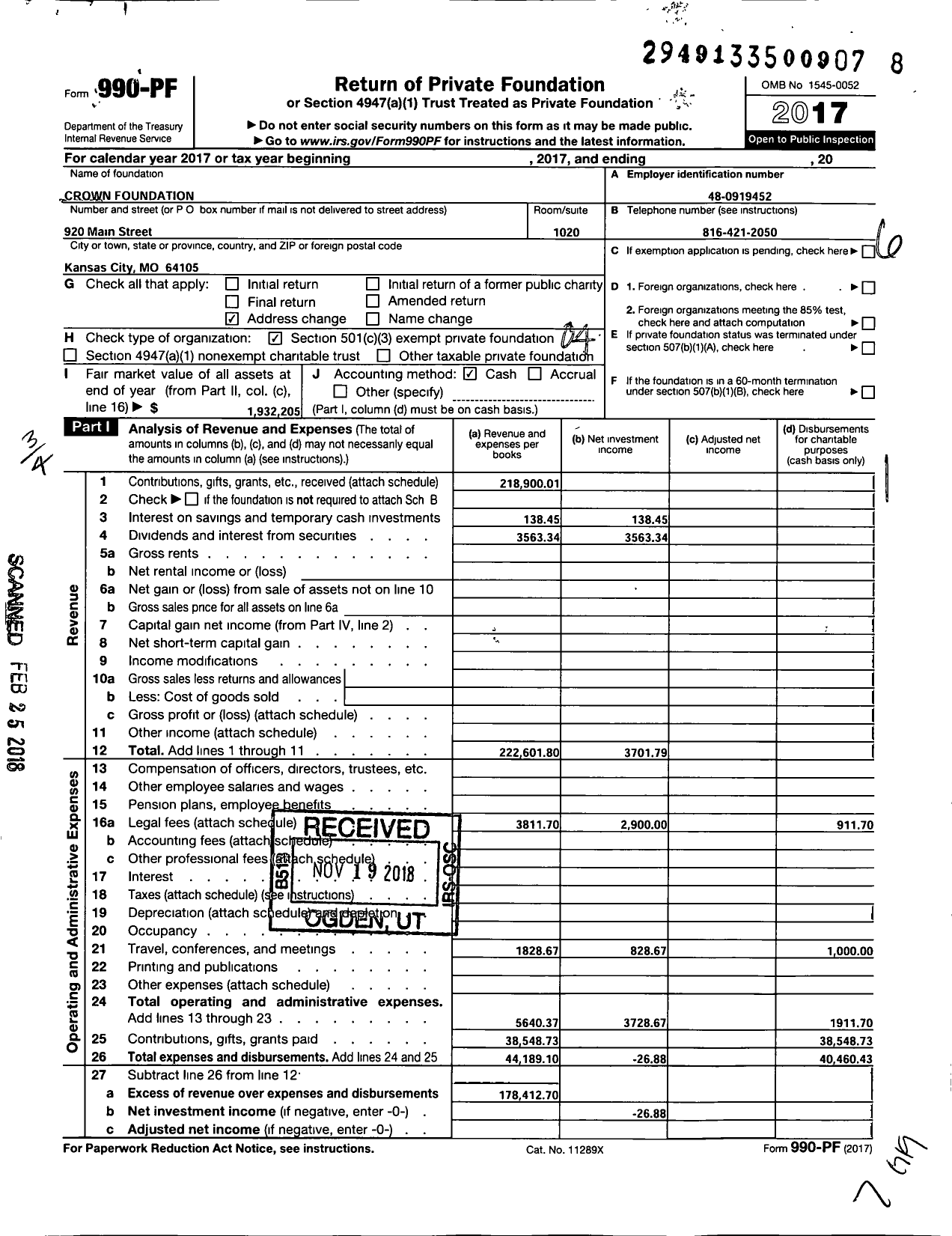 Image of first page of 2017 Form 990PF for Crown Foundation