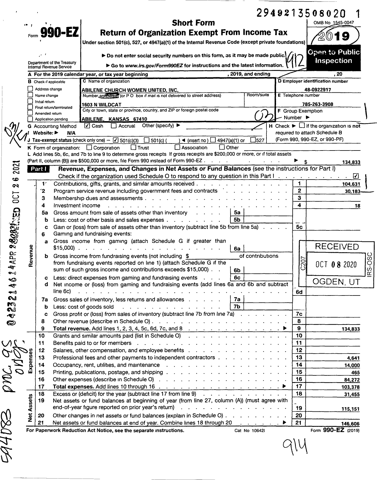 Image of first page of 2019 Form 990EZ for Church Women United / Abilene