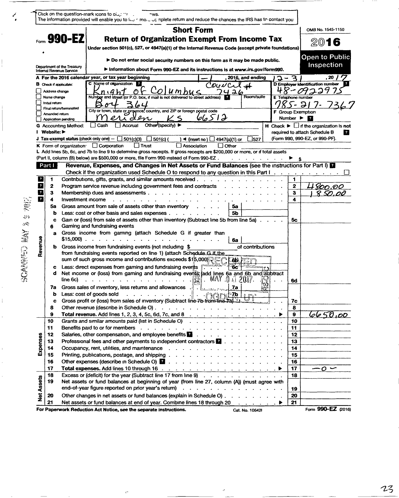 Image of first page of 2017 Form 990EO for Knights of Columbus - 7426 St Aloysius of Meriden Council