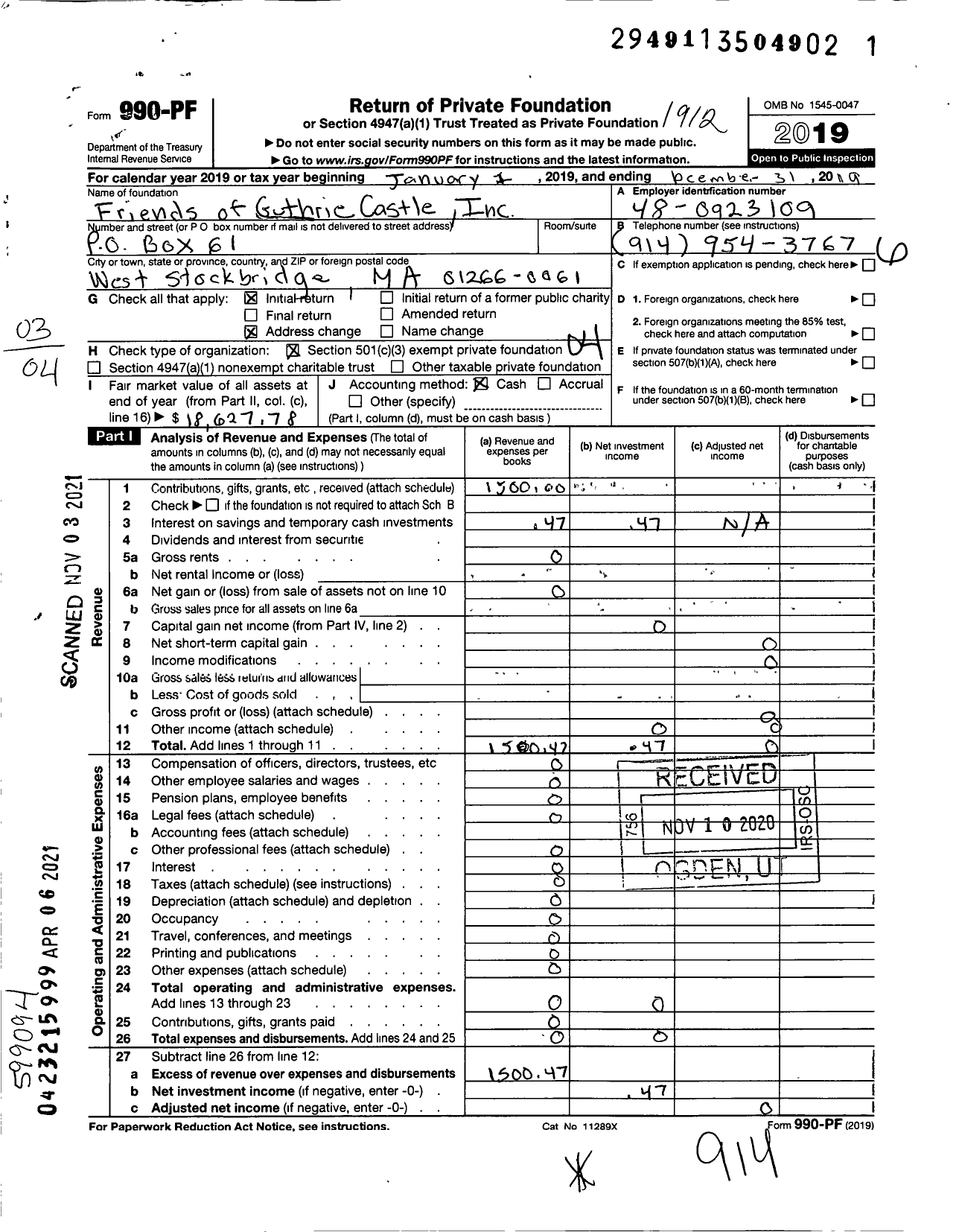 Image of first page of 2019 Form 990PF for Friends of Guthrie Castle