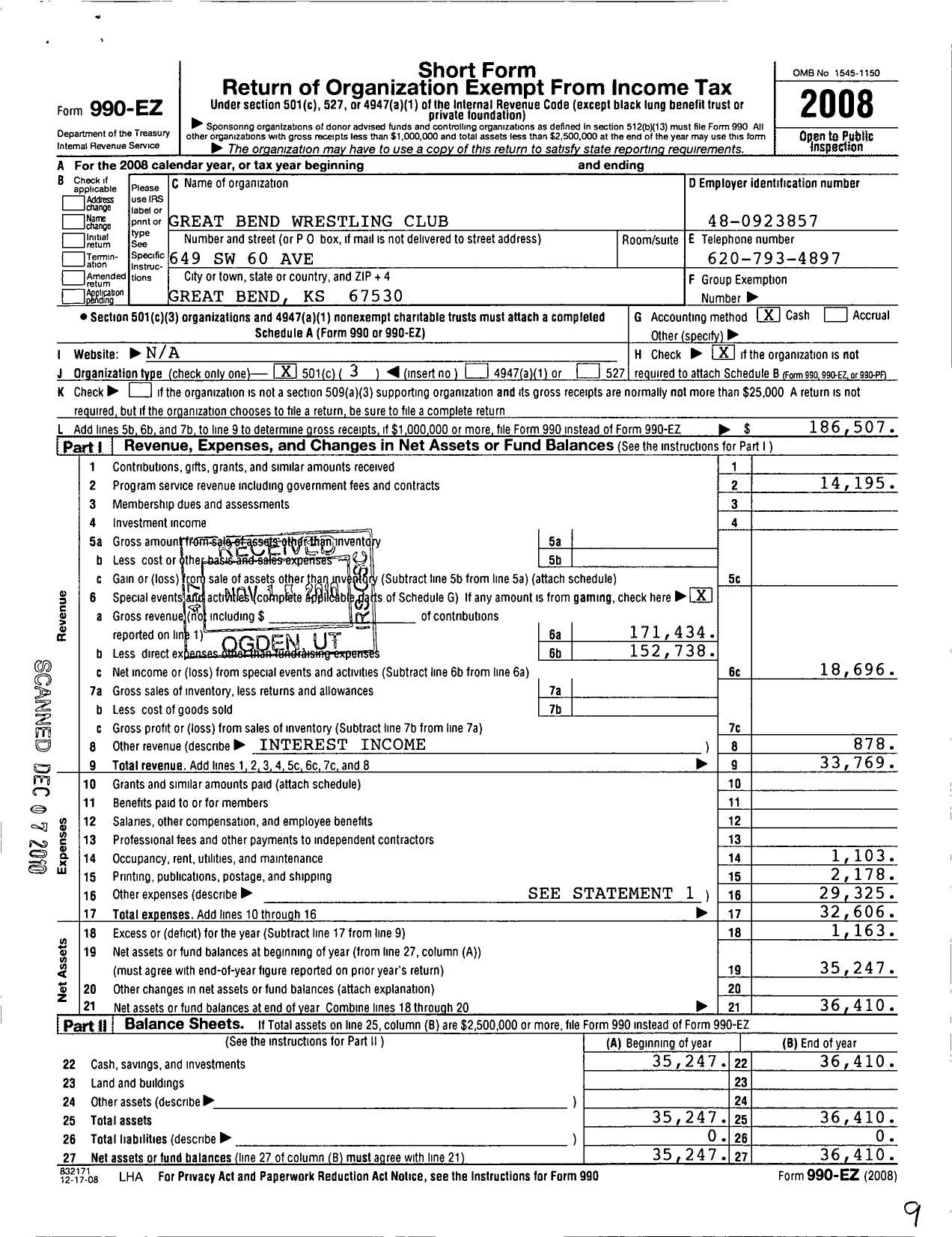 Image of first page of 2008 Form 990EZ for Great Bend Wrestling Club