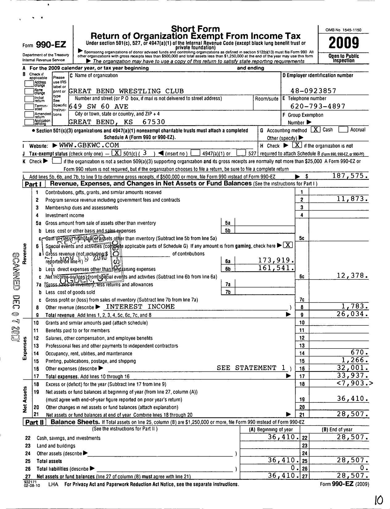 Image of first page of 2009 Form 990EZ for Great Bend Wrestling Club