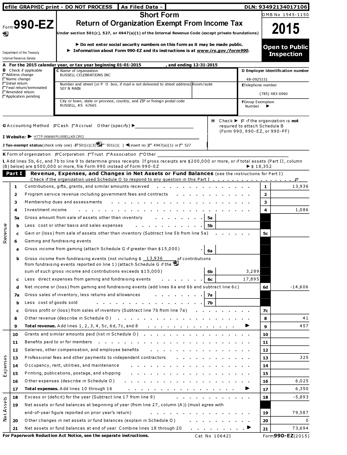 Image of first page of 2015 Form 990EZ for Russell Celebrations