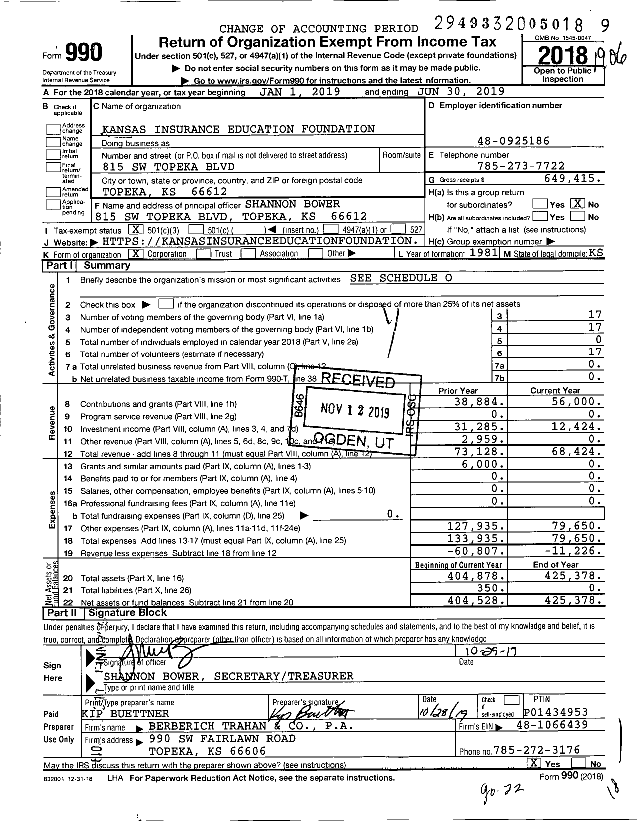 Image of first page of 2018 Form 990 for Kansas Insurance and Financial Services Education Foundation