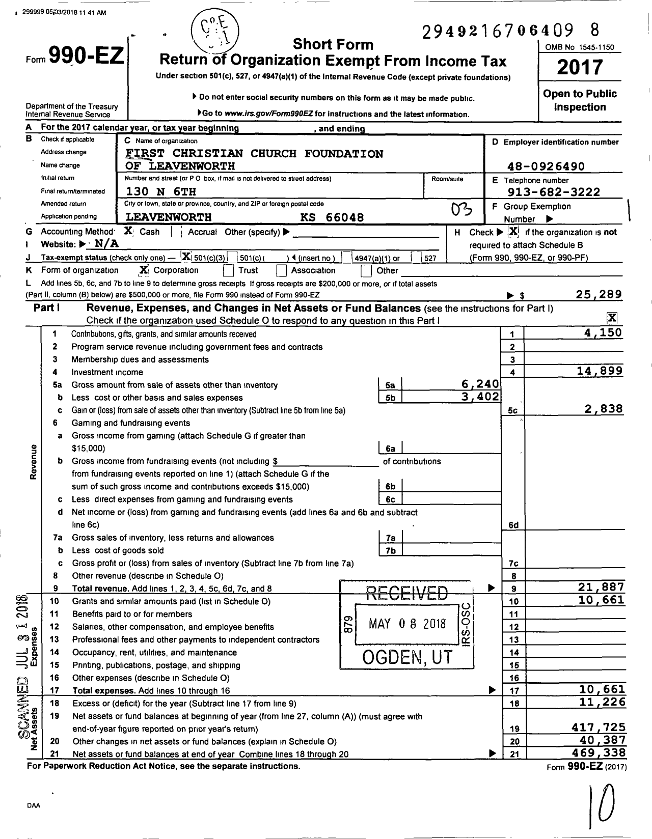 Image of first page of 2017 Form 990EZ for First Christian Church Foundation of Leavenworth