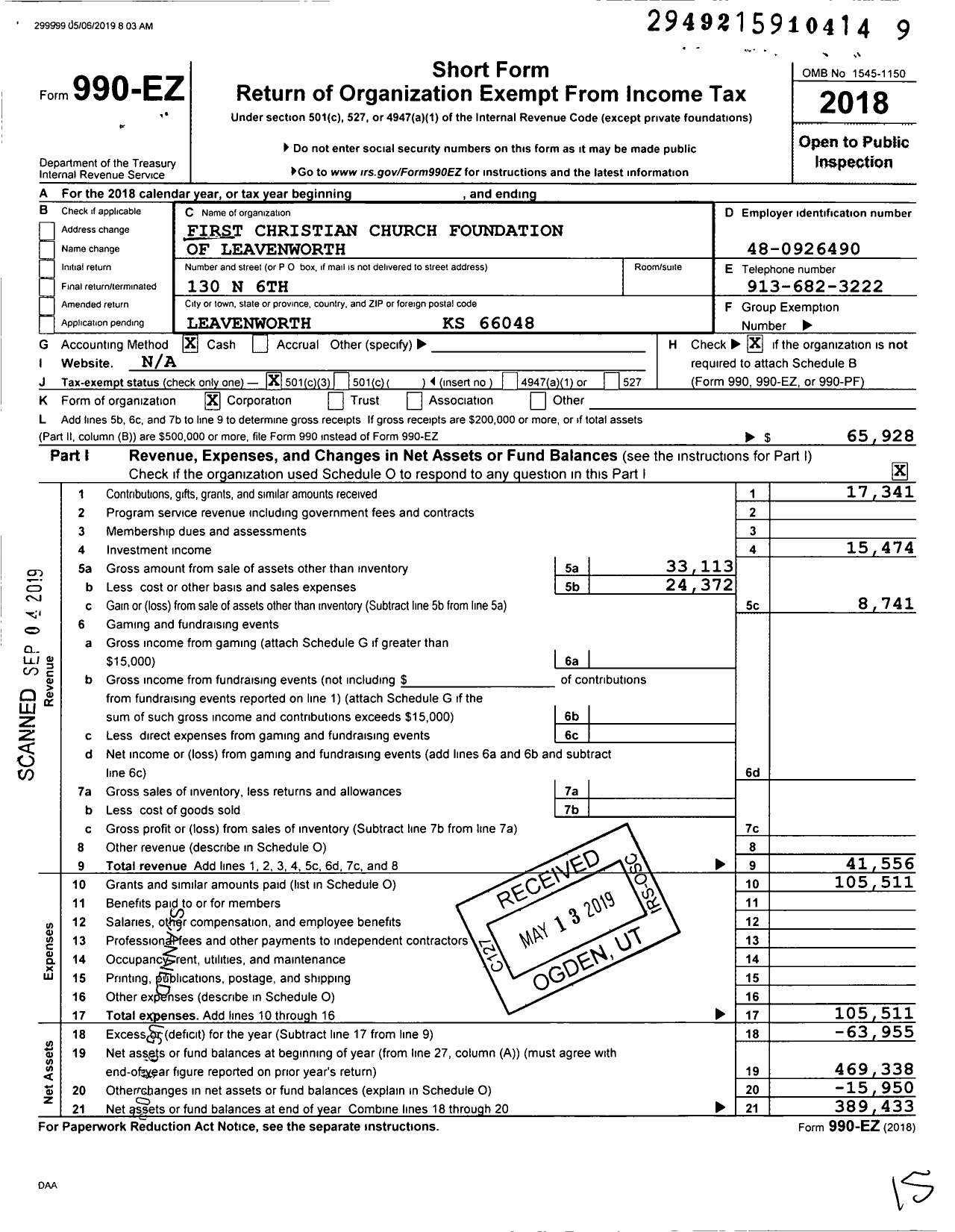 Image of first page of 2018 Form 990EZ for First Christian Church Foundation of Leavenworth