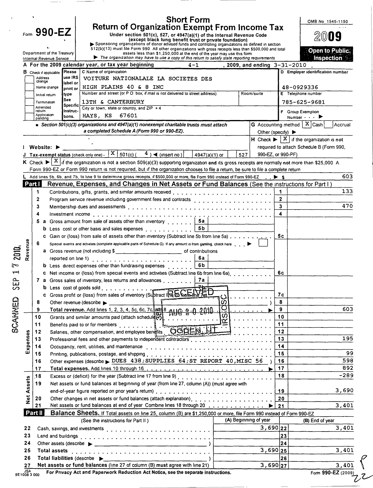 Image of first page of 2009 Form 990EO for The Forty and Eight - 1543 Voiture Locale