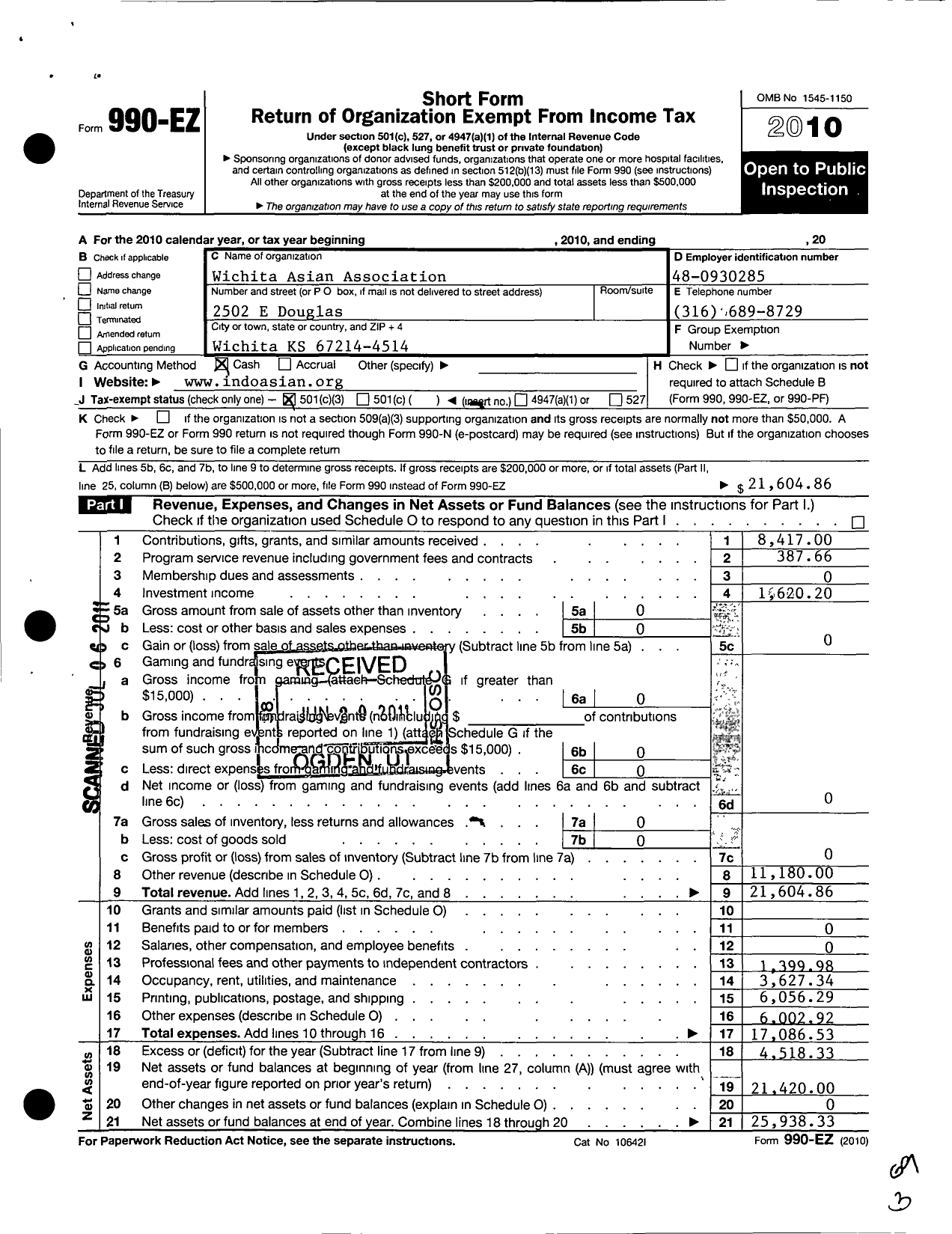 Image of first page of 2010 Form 990EZ for Wichita Asian Association