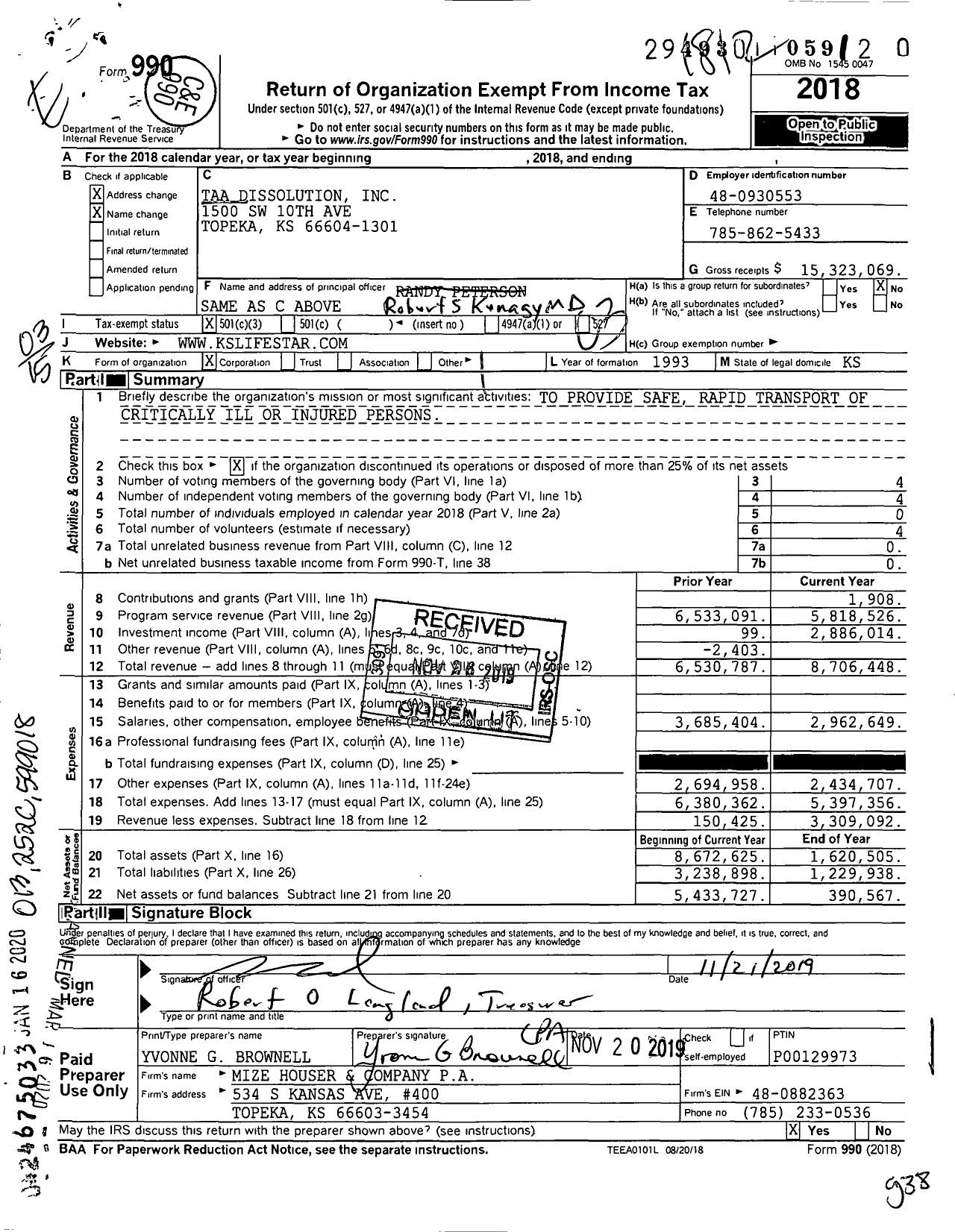 Image of first page of 2018 Form 990 for Taa Dissolution